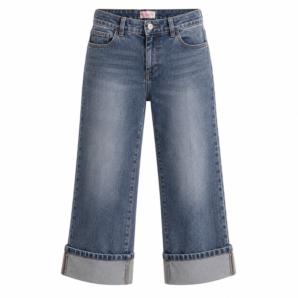 Santa Fe Jeanswear Girls Blue Denim Capri Pants Size 10 Wide Cuff Medium Wash